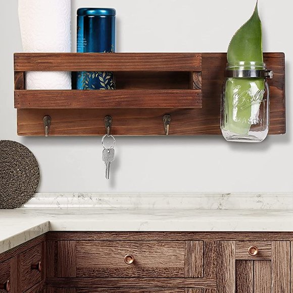 Rustic Dark Brown Wood Mail Organizer & Mason Jar Key Hooks Shelf Letter Holder - Picture 4 of 7